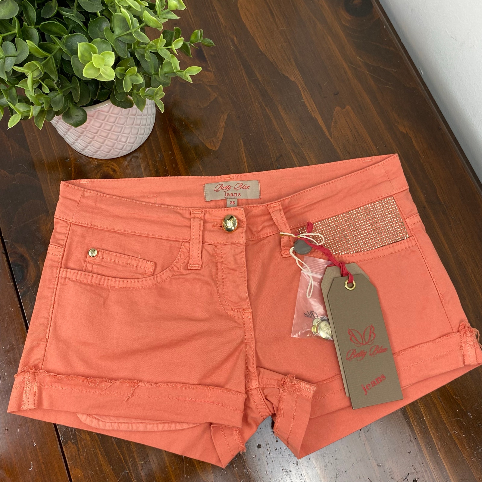 Elizabetta Franchi Betty Blue Orange Studded Shorts Size 26/2 Made In Italy